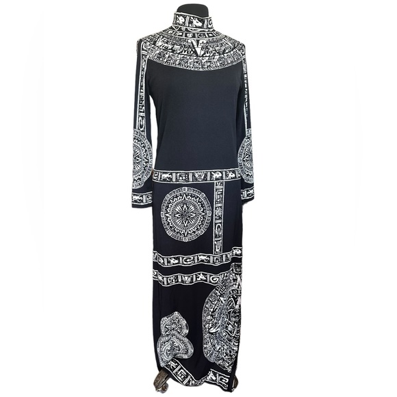 EUC -Vintage Paganne by Gene Berk Floor-Length Aztec Sun Print Long-Sleeve Dress - Picture 2 of 12